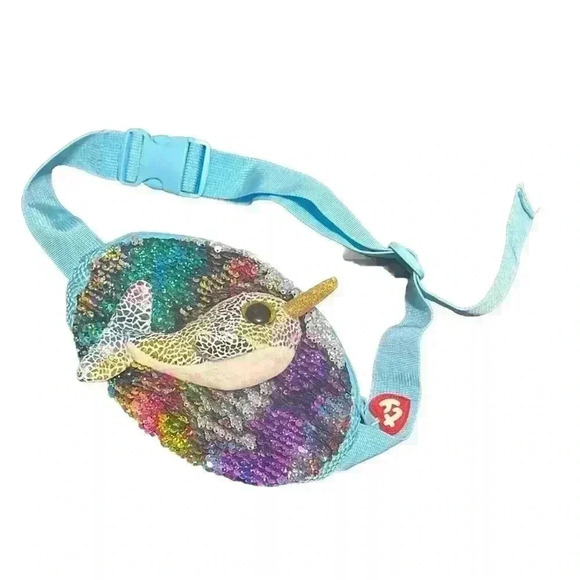 TY Flippy Sequin Belt Bag Fanny pack CALYPSO the Rainbow Narhwal Blue - Picture 1 of 9